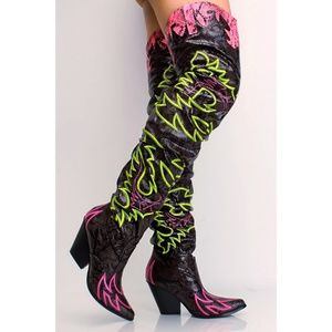 Sarah Siah Black Over-the-Knee Boots with Neon Green and Pink Embroidery